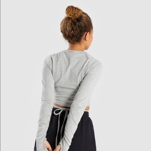 GYMSHARK long sleeve ribbon crop top. Light grey marl. Size S - Picture 2 of 5